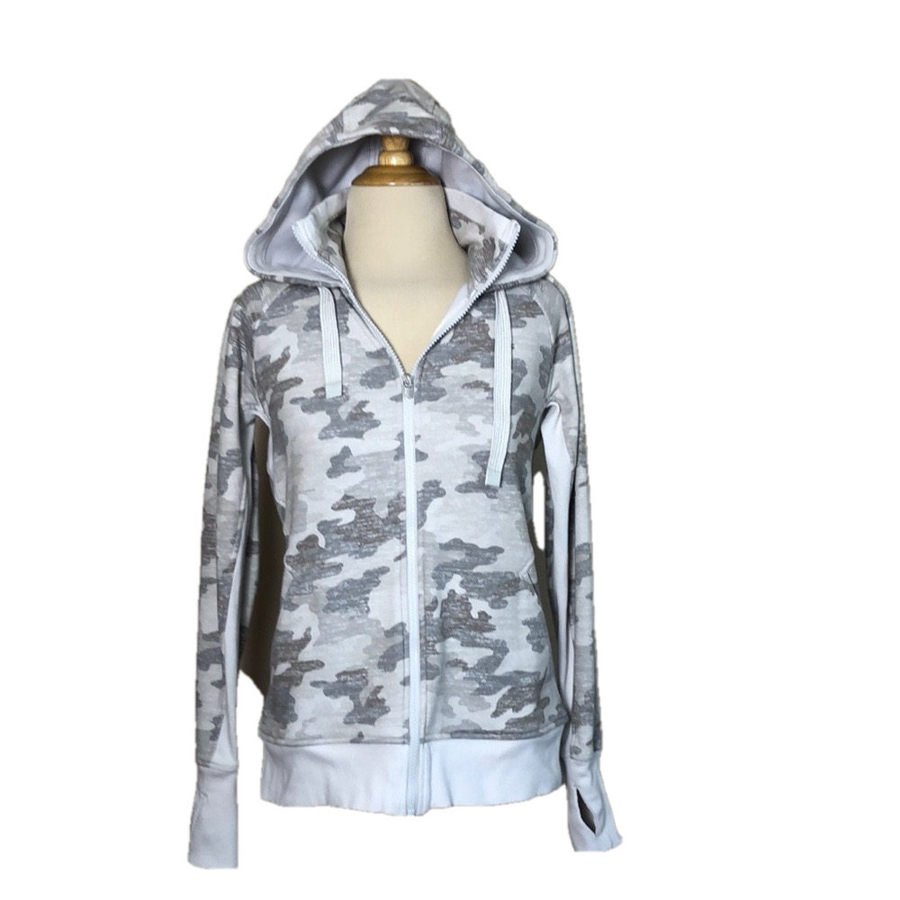 ATHLETA Women Small Grey Camo Full Zip Hooded Sweatshirt Outdoor Athletic‎